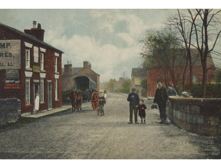 Hand-coloured street scene with figures and a horse and cart.