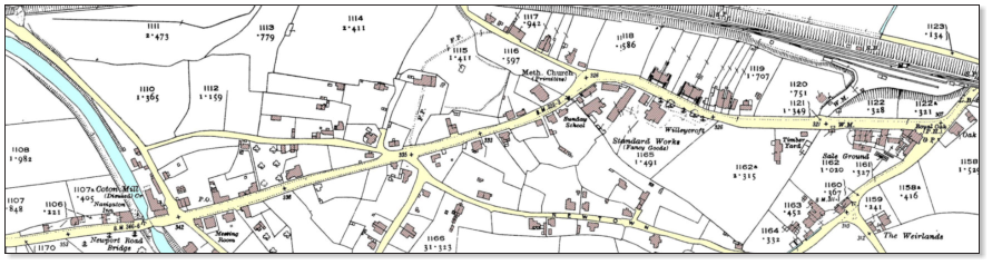Ordnance Survey map of Newport Road, Gnosall, surveyed in 1920, marked with pins for thirteen properties.